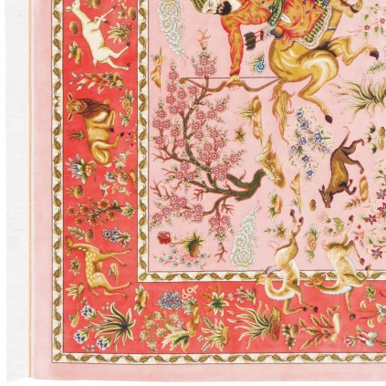 فرش ماشینی طرح سراسر شکارگاه، ابریشم بامبو، سبک پارسی، کد 800230