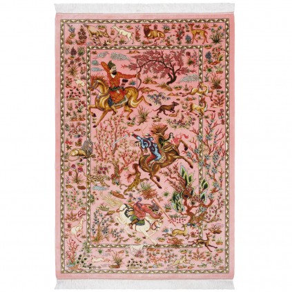 فرش ماشینی طرح سراسر شکارگاه، ابریشم بامبو، سبک پارسی، کد 800230