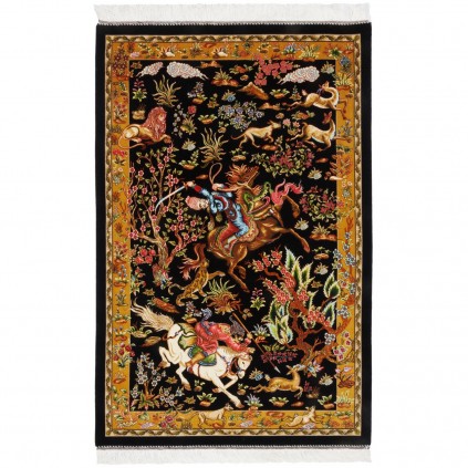 فرش ماشینی طرح سراسر شکارگاه، ابریشم بامبو، سبک پارسی، کد 800230