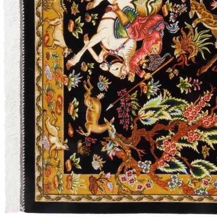 فرش ماشینی طرح سراسر شکارگاه، ابریشم بامبو، سبک پارسی، کد 800230