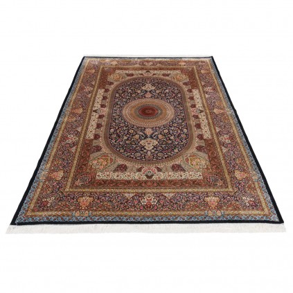 فرش ماشینی طرح ترنج دار گلدار، اکریلیک + ابریشم بامبو، سبک پارسی، کد 200254