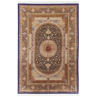 سجادة صناعية بنقشة ترنج مزخرف بالورود، أكريليك مع حرير بامبو، على الطراز الفارسي، رقم 200254