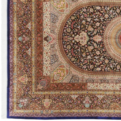 فرش ماشینی طرح ترنج دار گلدار، اکریلیک + ابریشم بامبو، سبک پارسی، کد 200254