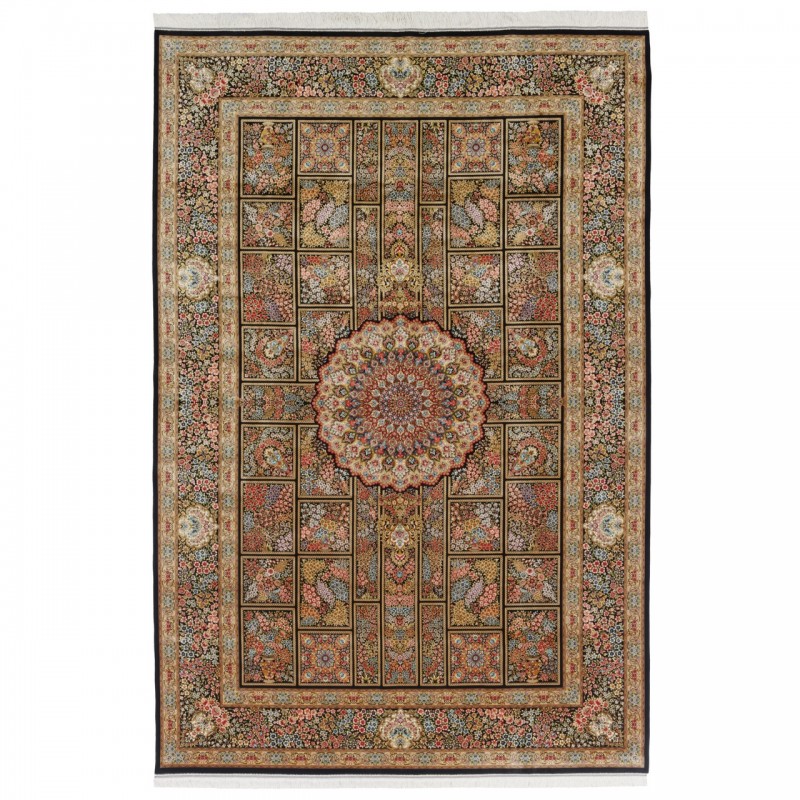 فرش ماشینی طرح قابی گلدار، ابریشم بامبو، سبک پارسی، کد 800255