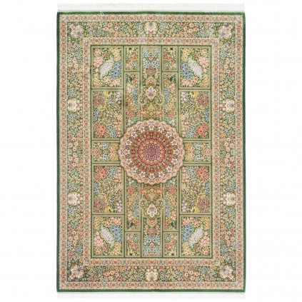 فرش ماشینی طرح قابی گلدار، ابریشم بامبو، سبک پارسی، کد 800255