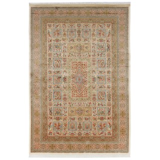 سجادة صناعية بنقشة مؤطر مزخرف بالورود، حرير بامبو، على الطراز الفارسي، رقم 800258