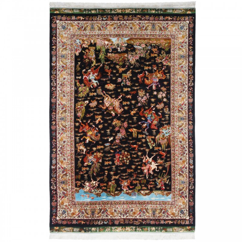 فرش ماشینی طرح سراسر شکارگاه، اکریلیک + ابریشم بامبو، سبک پارسی، کد 200283