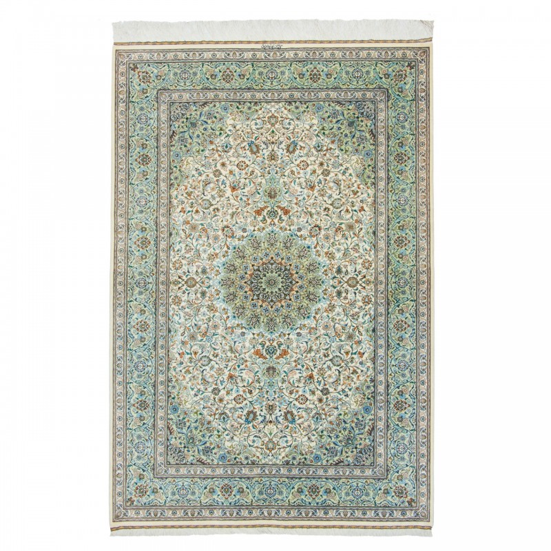 فرش دستباف طرح لچک ترنج تمام ابریشم کاشان 135 × 200 کد 10200479