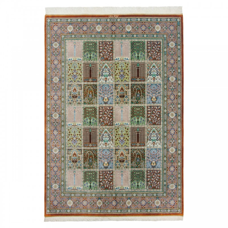 فرش دستباف طرح خشتی تمام ابریشم قم 138 × 200 کد 10200483