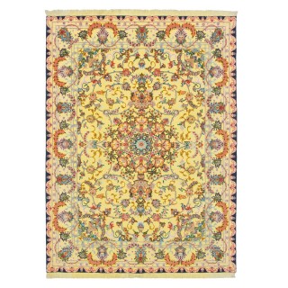 فرش دستباف طرح لچک ترنج گل ابریشم سوف چله نخ تبریز 150 × 203 کد 10300500