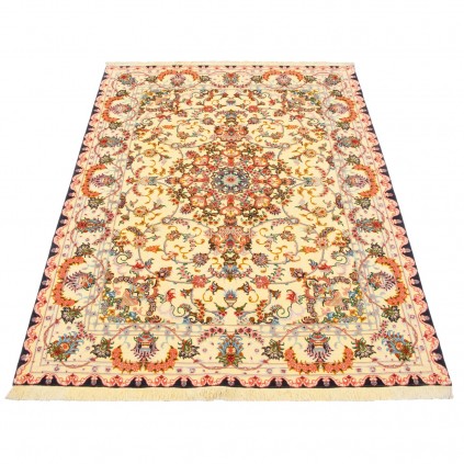 فرش دستباف طرح لچک ترنج گل ابریشم سوف چله نخ تبریز 150 × 203 کد 10300500