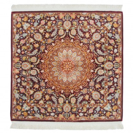 Handwoven Carpet, Corner Medallion Layout, All Silk, Qom, 102 × 102 cm Ref 10100544