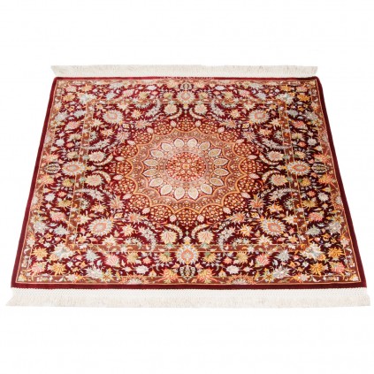 Handwoven Carpet, Corner Medallion Layout, All Silk, Qom, 102 × 102 cm Ref 10100544