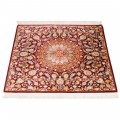 Handwoven Carpet, Corner Medallion Layout, All Silk, Qom, 102 × 102 cm Ref 10100544