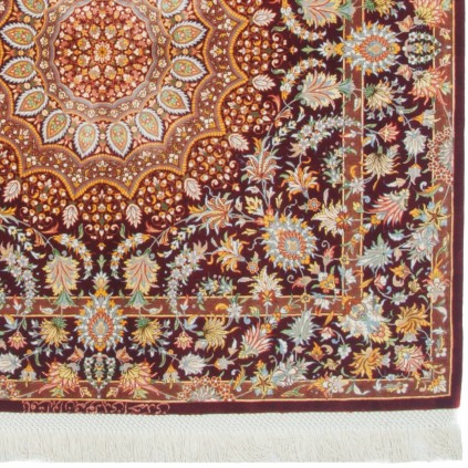 Handwoven Carpet, Corner Medallion Layout, All Silk, Qom, 102 × 102 cm Ref 10100544