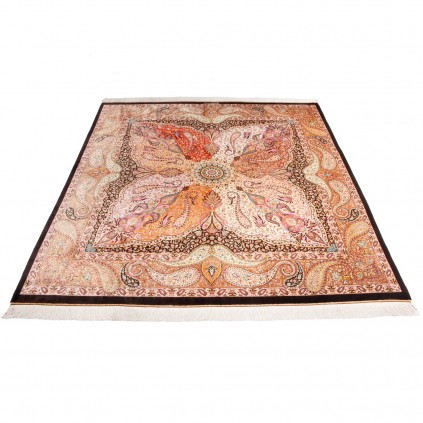 Handwoven Carpet, Corner Medallion Layout, All Silk, Qom, 198 × 205 cm Ref 10400549