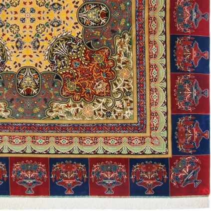 Handwoven Carpet, Corner Medallion Layout, All Silk, Qom, 205 × 208 cm Ref 10400550