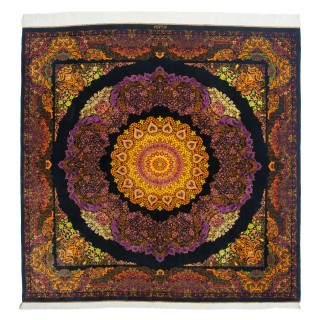 Handwoven Carpet, Corner Medallion Layout, All Silk, Qom, 185 × 190 cm Ref 10300557