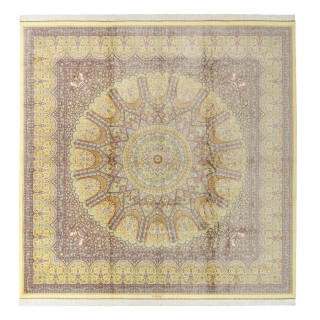 Handwoven Carpet, Dome Layout, All Silk, Qom, 346 × 346 cm Ref 11100615