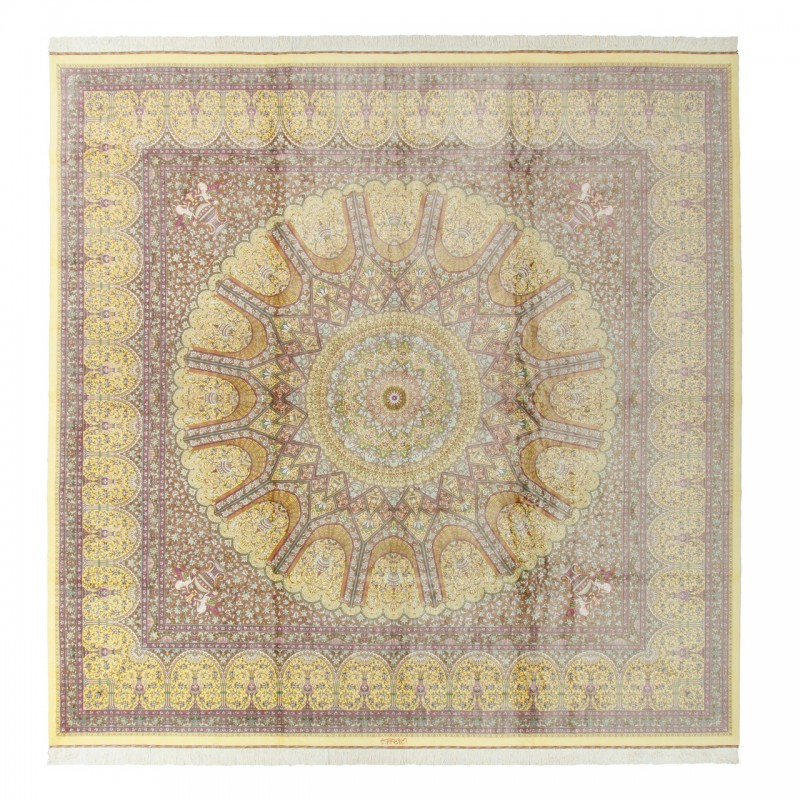 Handwoven Carpet, Dome Layout, All Silk, Qom, 346 × 346 cm Ref 11100615