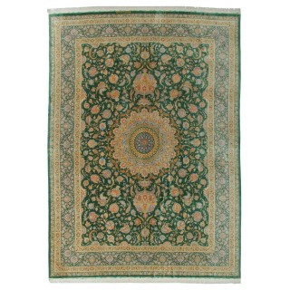 Handwoven Carpet, Medallion Layout, All Silk, Qom, 291 × 404 cm Ref 11100635