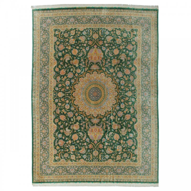 Handwoven Carpet, Medallion Layout, All Silk, Qom, 291 × 404 cm Ref 11100635
