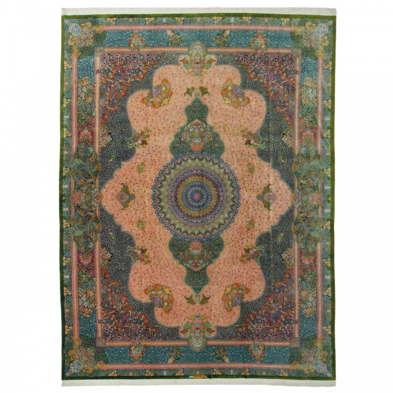 Handwoven Carpet, Corner Medallion Layout, All Silk, Qom, 298 × 395 cm Ref 11100642