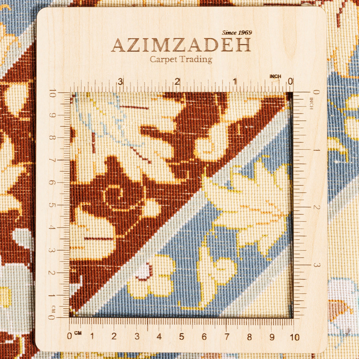 Azimzadeh label on the corner of a Tabriz silk handmade carpet