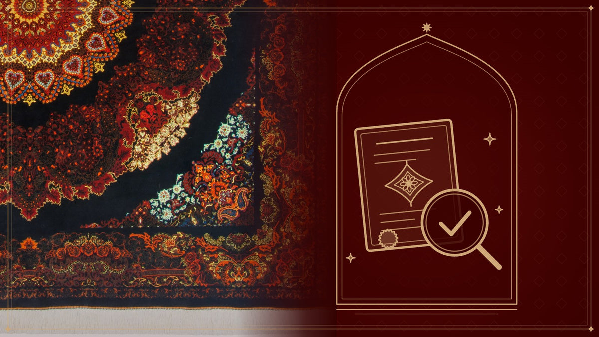 Detail of a Qom silk handmade carpet with a black ground, next to a gold line drawing of a certificate checked under a magnifying glass