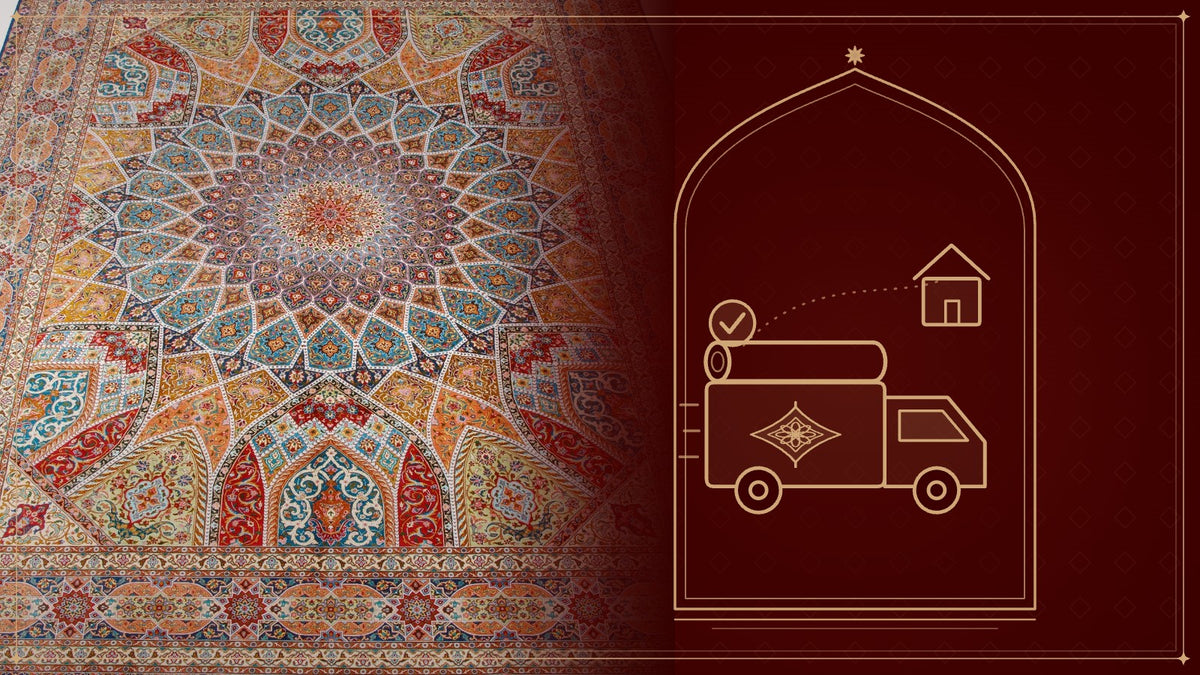 Tabriz handmade carpet with a colourful Gonbad dome design, next to a gold line drawing of a delivery van carrying a rolled rug to a home