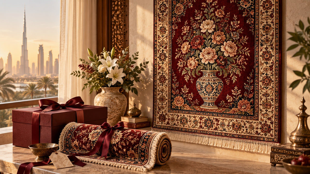 Persian carpet wall art with a flower vase, a gift-wrapped rug and a gift box, Dubai skyline behind