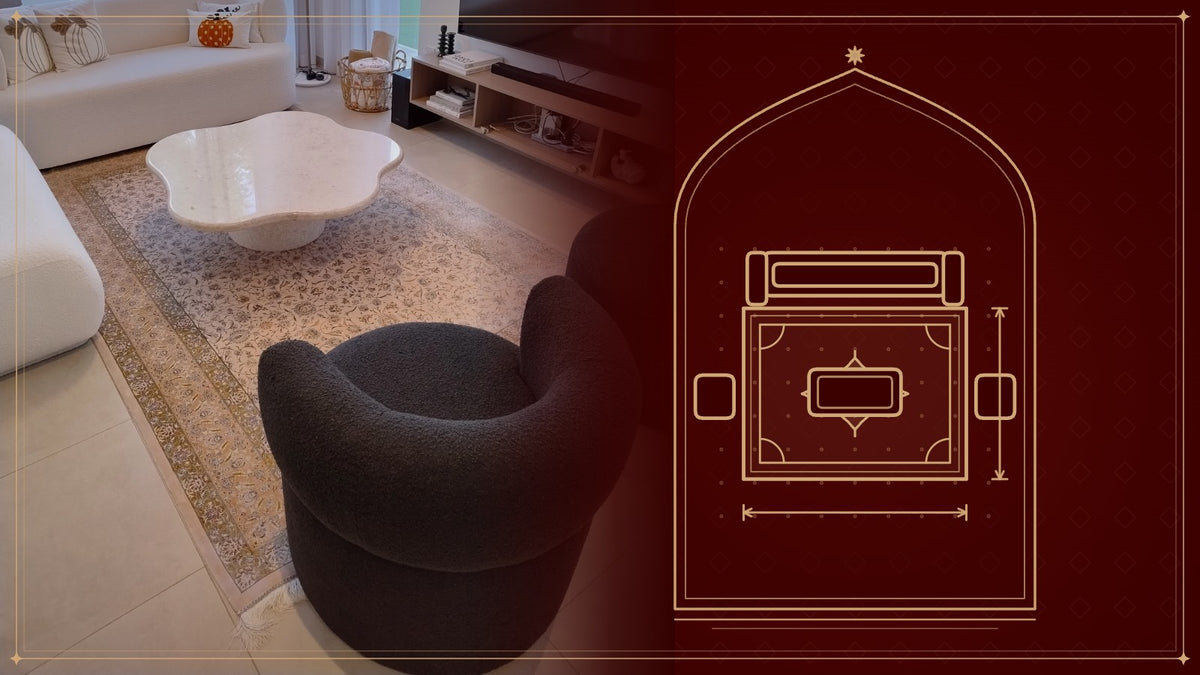 Living room with a Persian rug under the coffee table, next to a gold line drawing of a sofa on a rug with measuring arrows