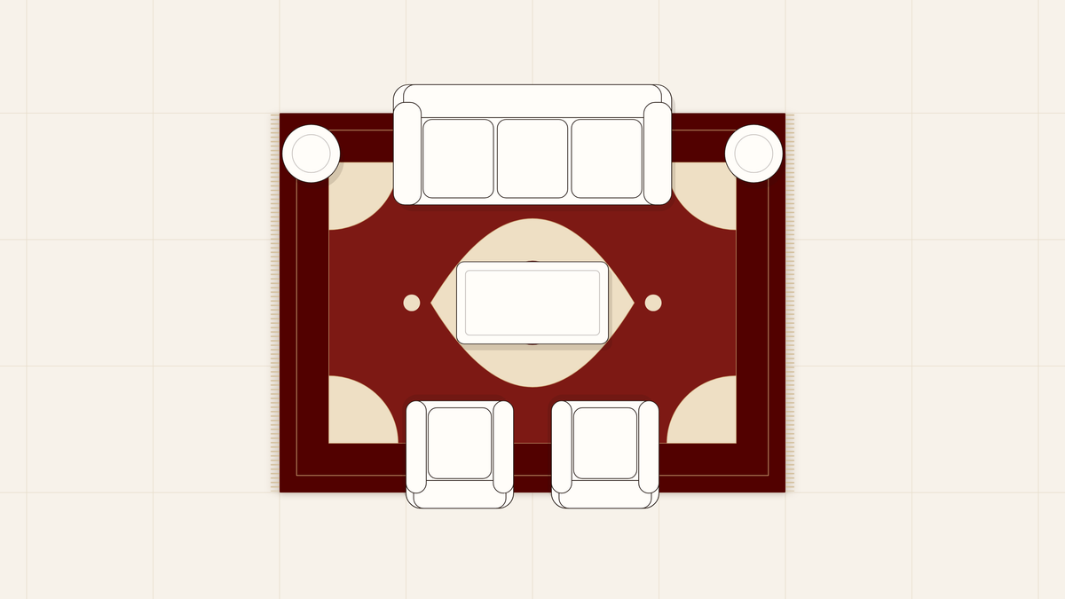 Top view of a 3-seat sofa, coffee table and two armchairs standing on a 300 by 400 cm Persian carpet, drawn to scale on a one-metre floor grid