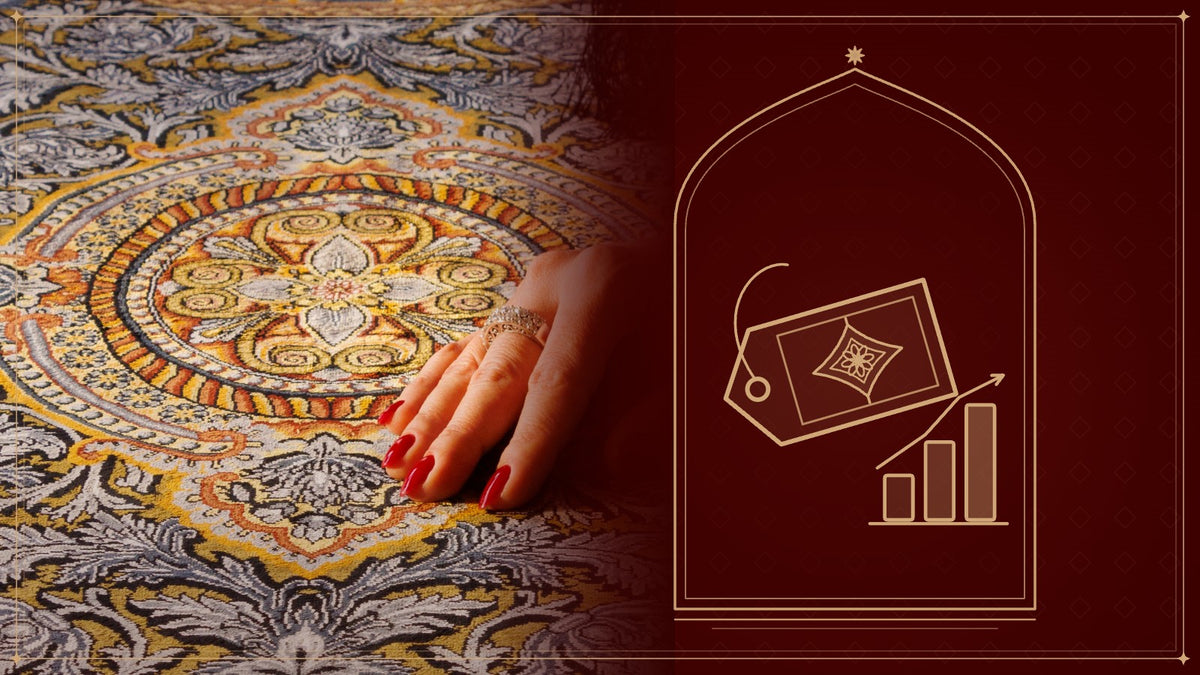 Hand on a finely knotted silk Persian carpet, next to a gold line drawing of a price tag and rising bars