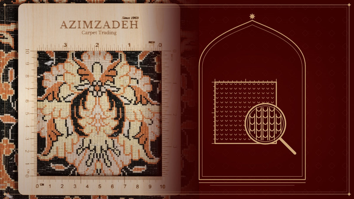 Azimzadeh measuring frame on a Qom silk carpet, next to a gold line drawing of a knot grid under a magnifying glass