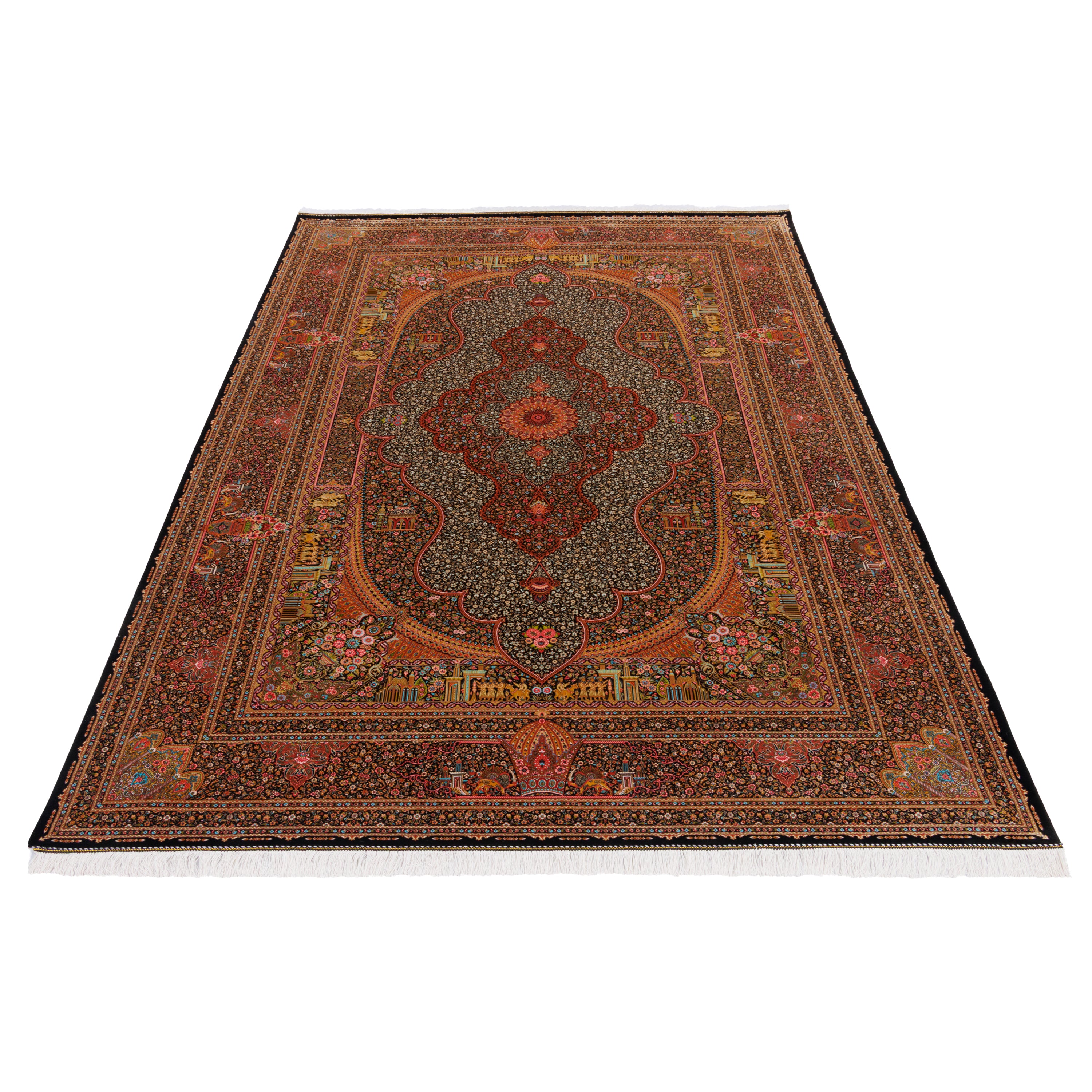 Machine-made Rug, Flowers & Leaves Medallion & Corner, Bamboo Silk, SPU 800212