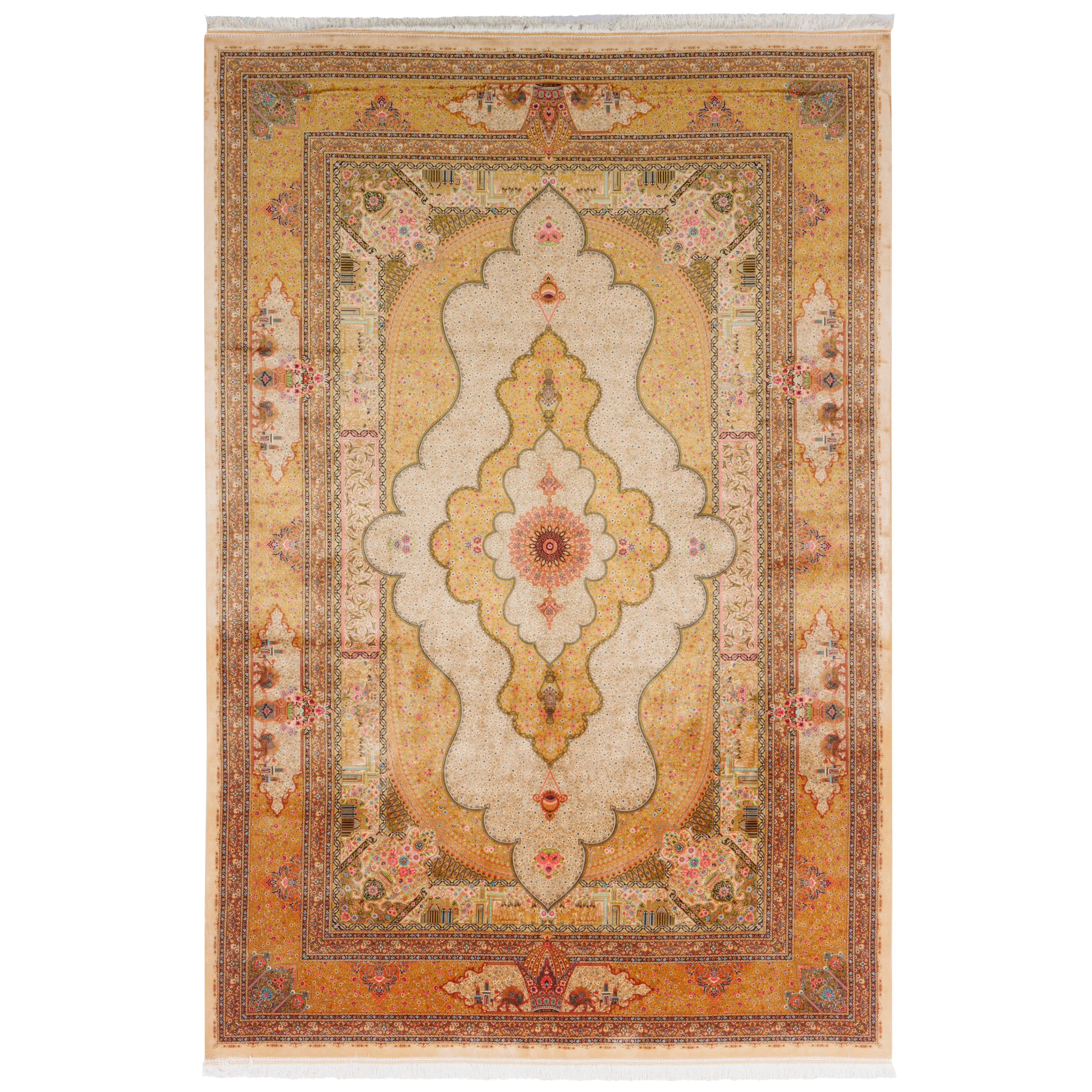 Machine-made Rug, Flowers & Leaves Medallion & Corner, Bamboo Silk, SPU 800212