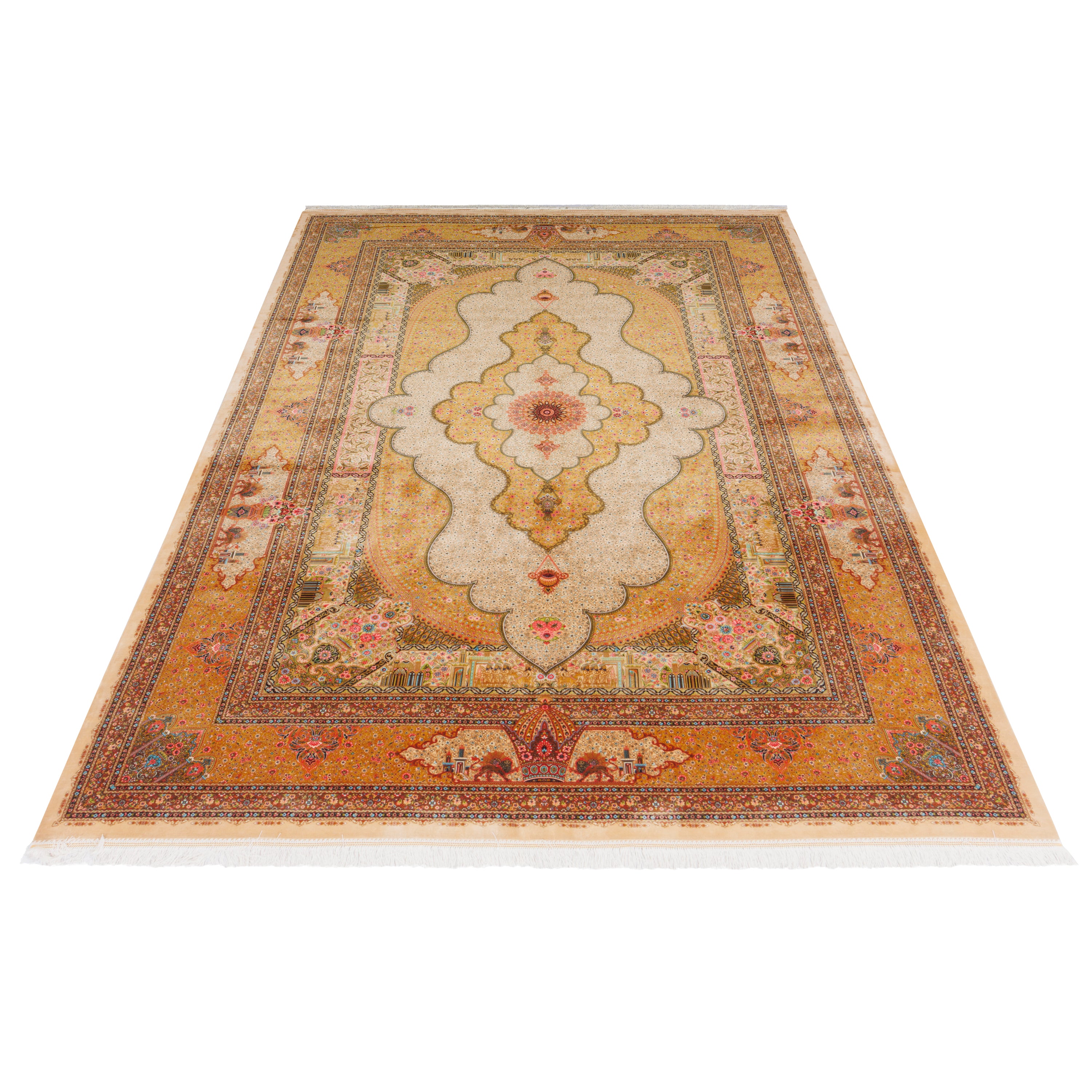 Machine-made Rug, Flowers & Leaves Medallion & Corner, Bamboo Silk, SPU 800212