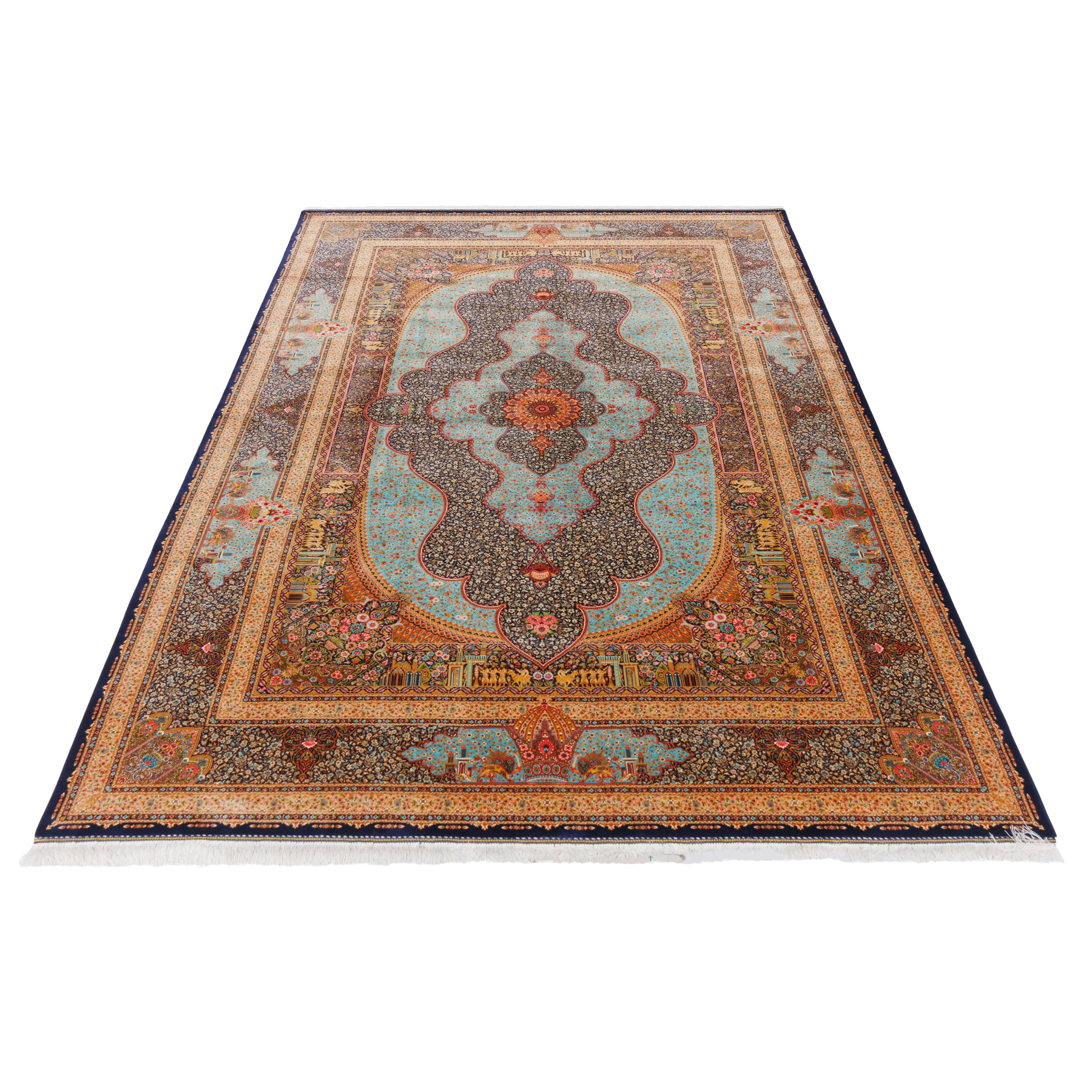 Machine-made Rug, Flowers & Leaves Medallion & Corner, Bamboo Silk, SPU 800212