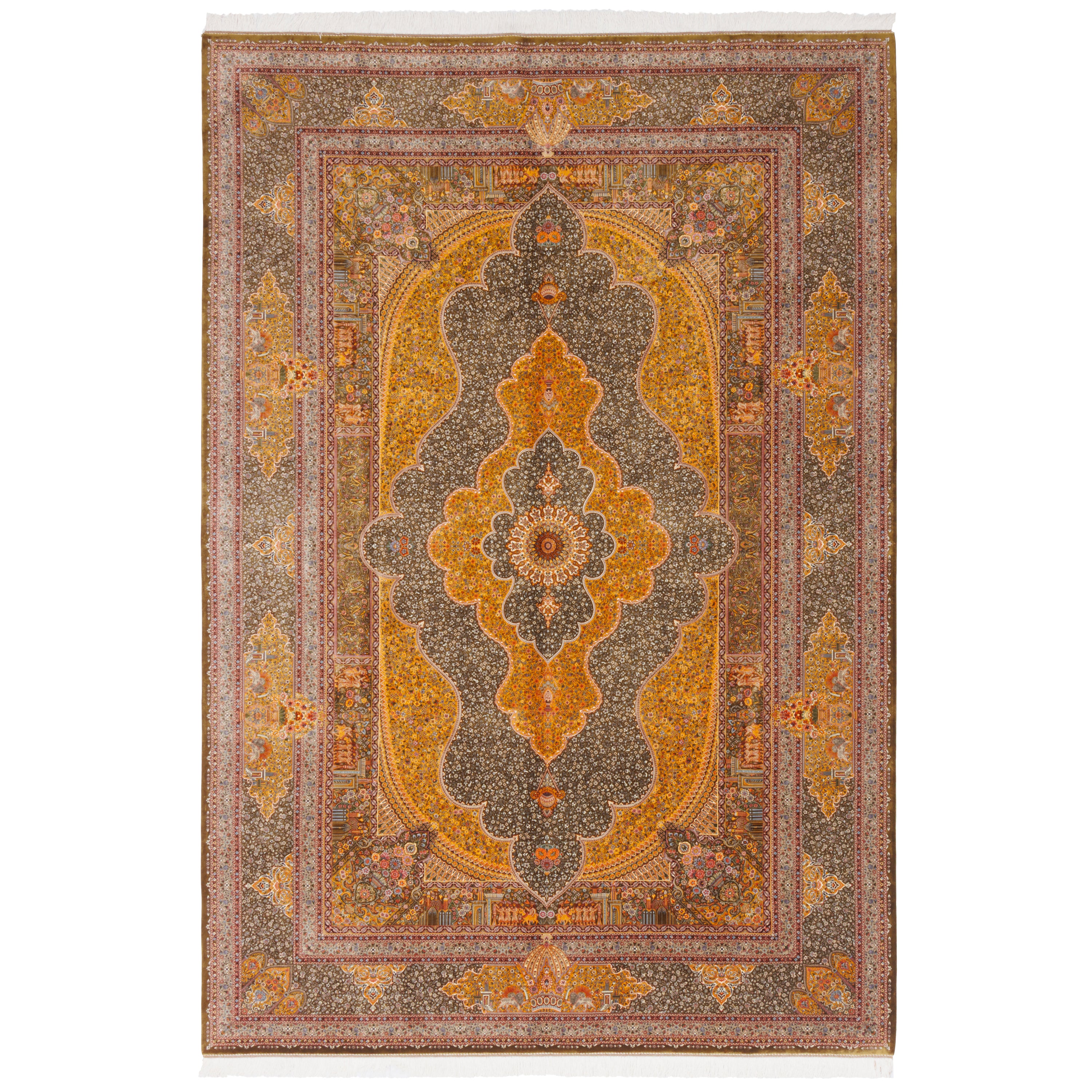 Machine-made Rug, Flowers & Leaves Medallion & Corner, Bamboo Silk, SPU 800212
