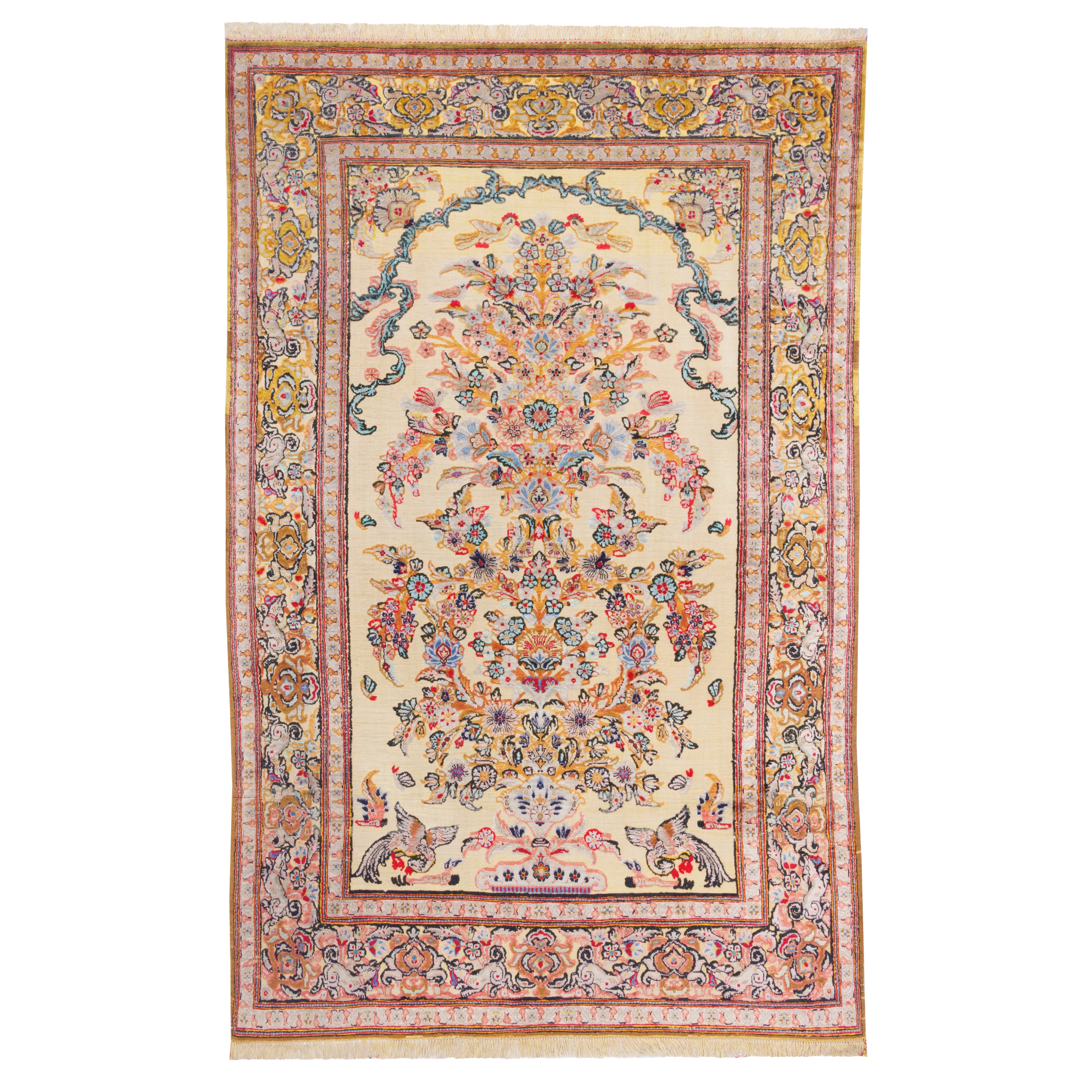 فرش دستباف کاشان — گلدانی | پرز ابریشم / چله ابریشم | 210 × 135 سانتی‌متر | کد محصول 10200021