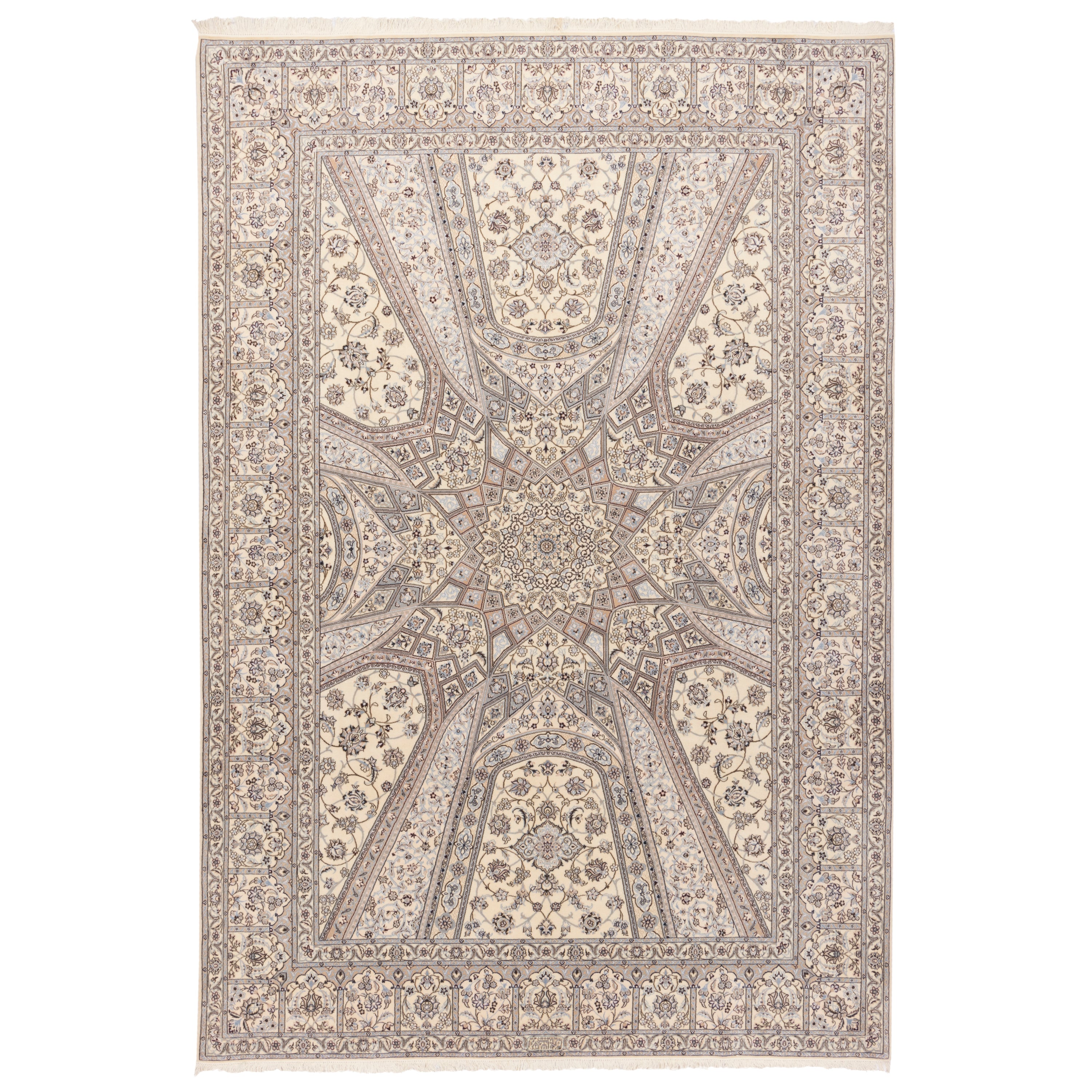 فرش دستباف نایین - گنبدی | پرز ابریشم / چله ابریشم | 206 × 300 سانتیمتر | کد کالا 10601015