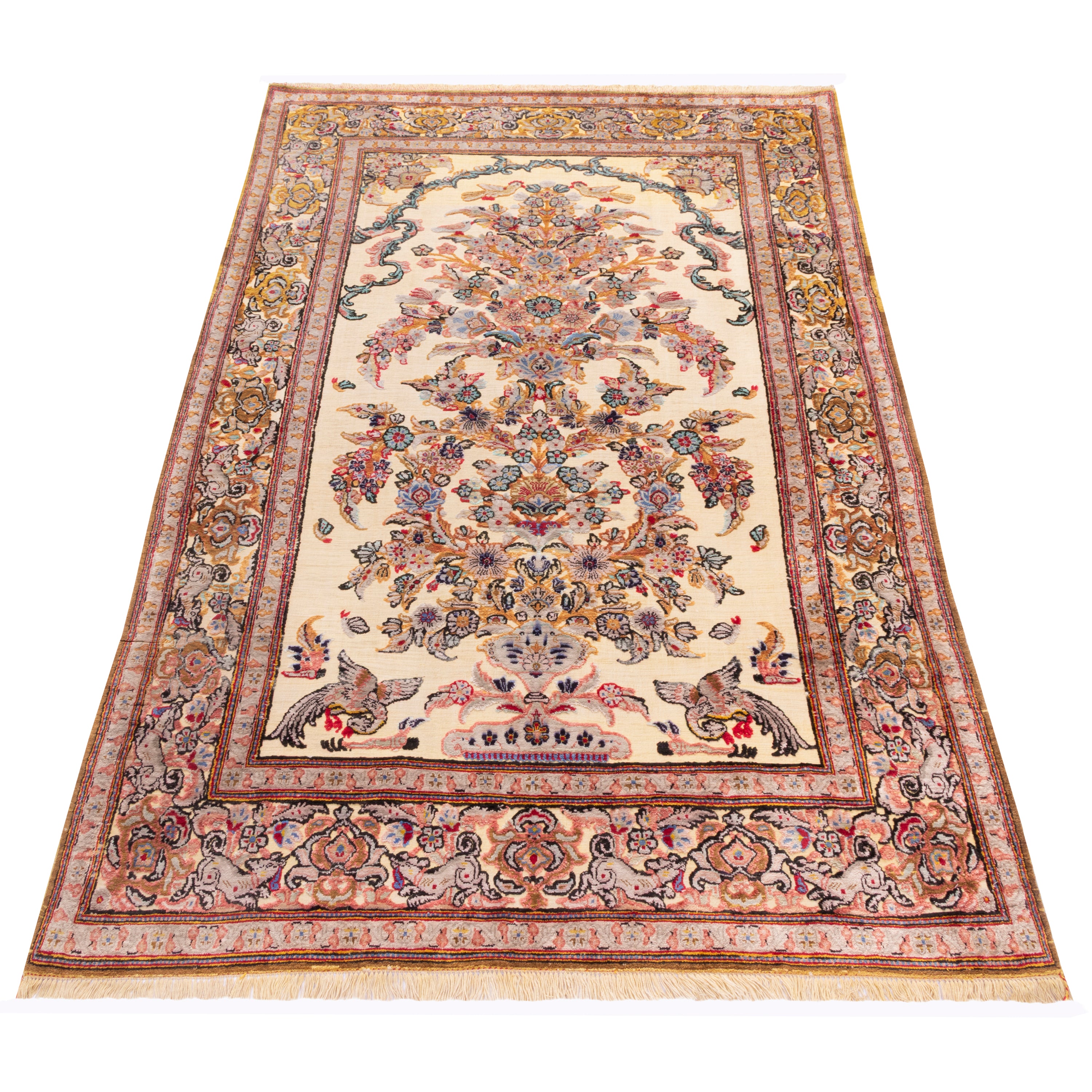 فرش دستباف کاشان — گلدانی | پرز ابریشم / چله ابریشم | 210 × 135 سانتی‌متر | کد محصول 10200021
