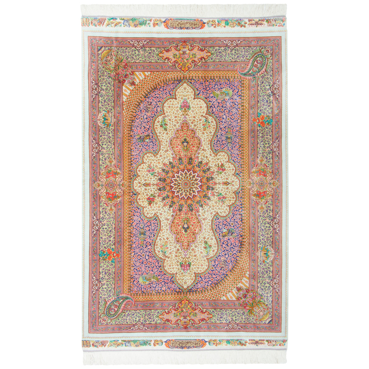 Qom Handmade Carpet by ganjineye honar, Central Medallion, Silk, Navy Blue, Runner, 105 × 157 cm — 1016969