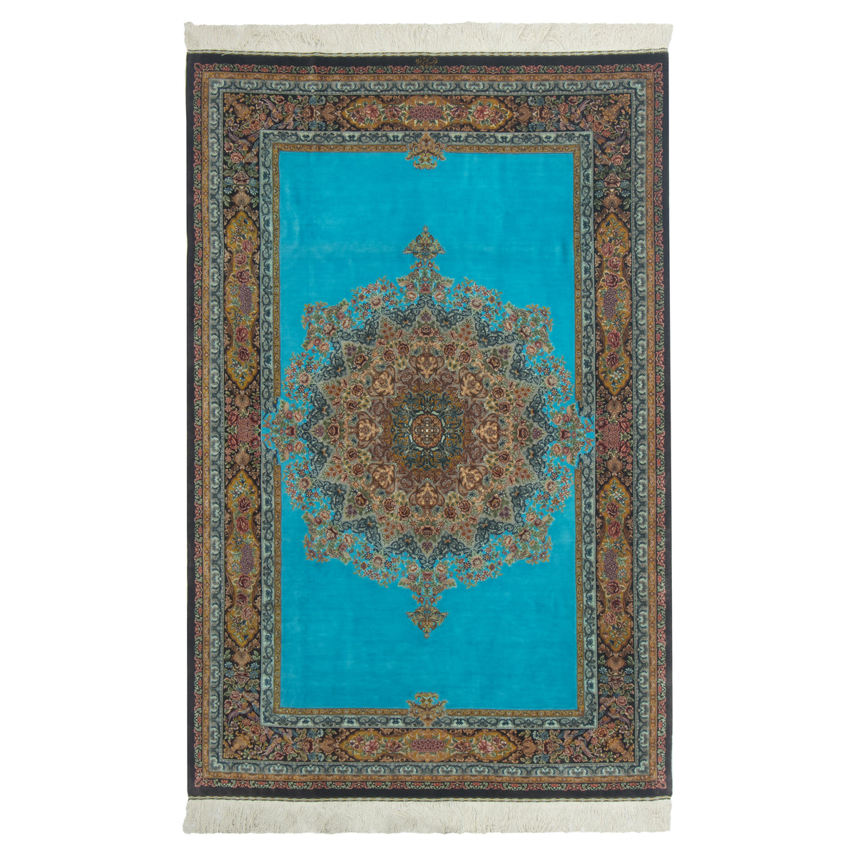 Qom Handmade Carpet by Hosein Kashizadeh, Central Medallion, Silk, Turquoise, 135 × 207 cm — 1016447