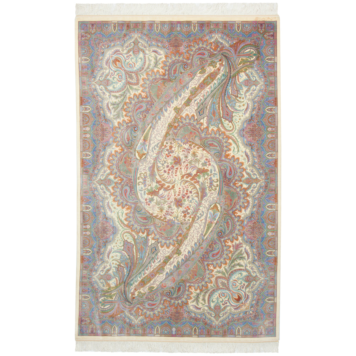 Qom Handmade Carpet by Seyed Morteza Mirmehdi, Allover, Silk, Ivory, 140 × 225 cm — 1016773