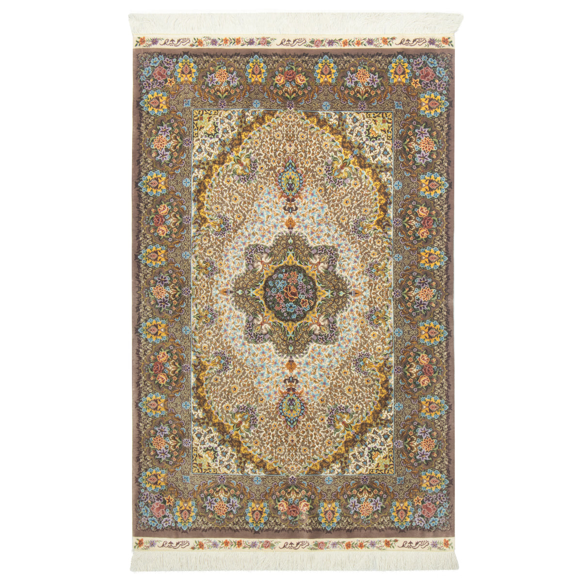 فرش دستباف طرح لچک ترنج تمام ابریشم قم اثر سعید 100 × 161 سانتی‌متر کد 1016845