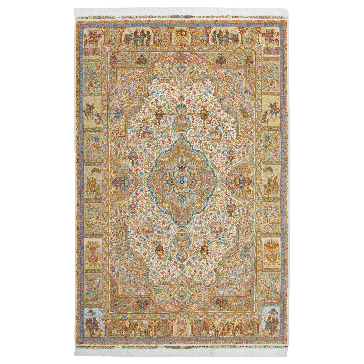 Tabriz Handmade Carpet, Medallion and Corner, Wool & Silk on Silk, Ivory, 200 × 305 cm — 10600959
