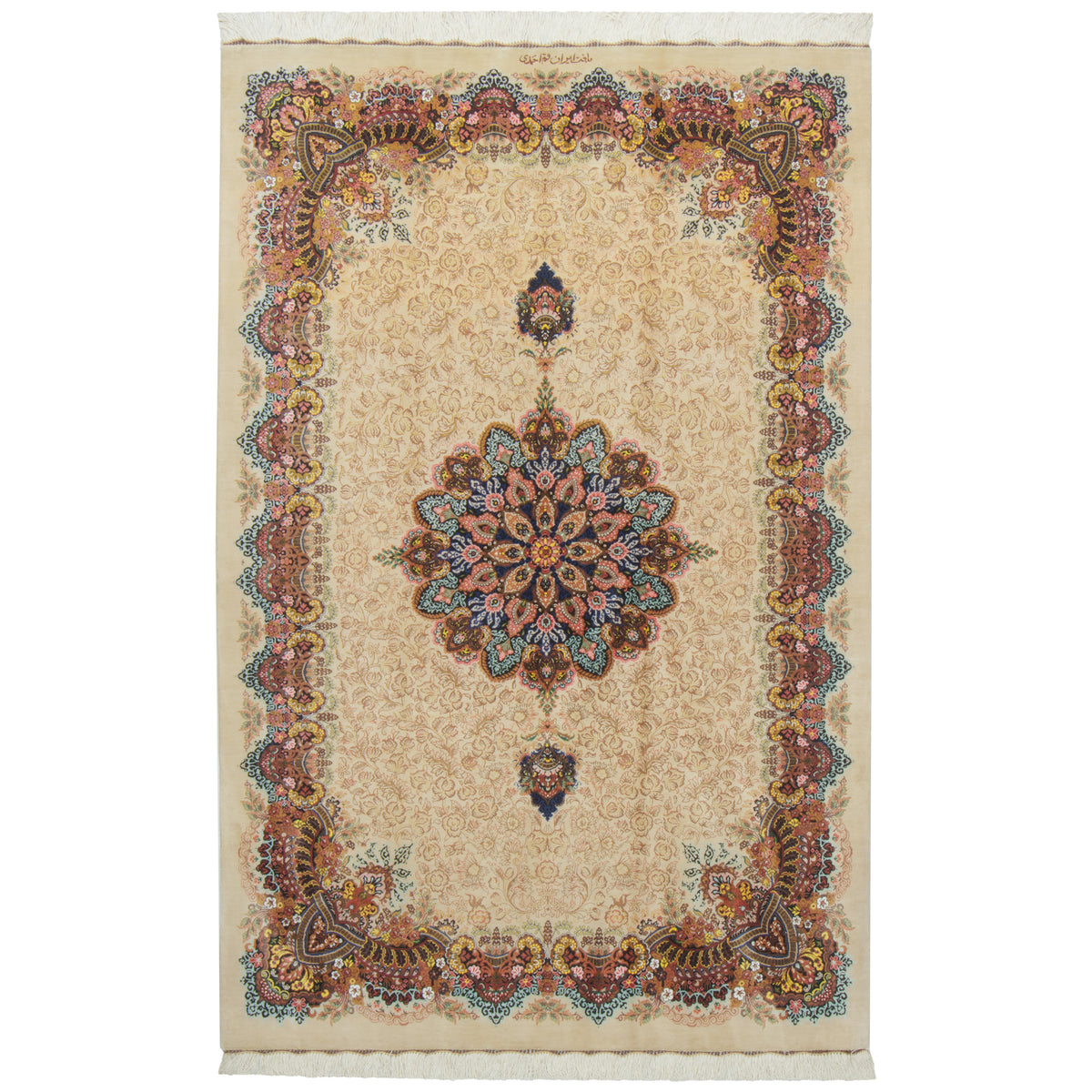 فرش دستباف طرح لچک ترنج تمام ابریشم نخودی قم اثر احمدی 105 × 160 سانتی‌متر کد 1017016