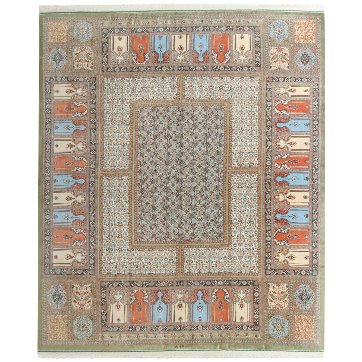 سجاد يدوي من قم، إطاري، حرير خالص، عاجي، 300 × 355 سم — 1016494